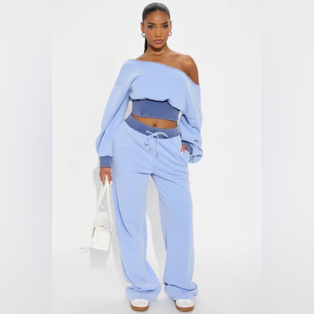 Come Find Me Washed Fleece Mix Pant Set - Periwinkle